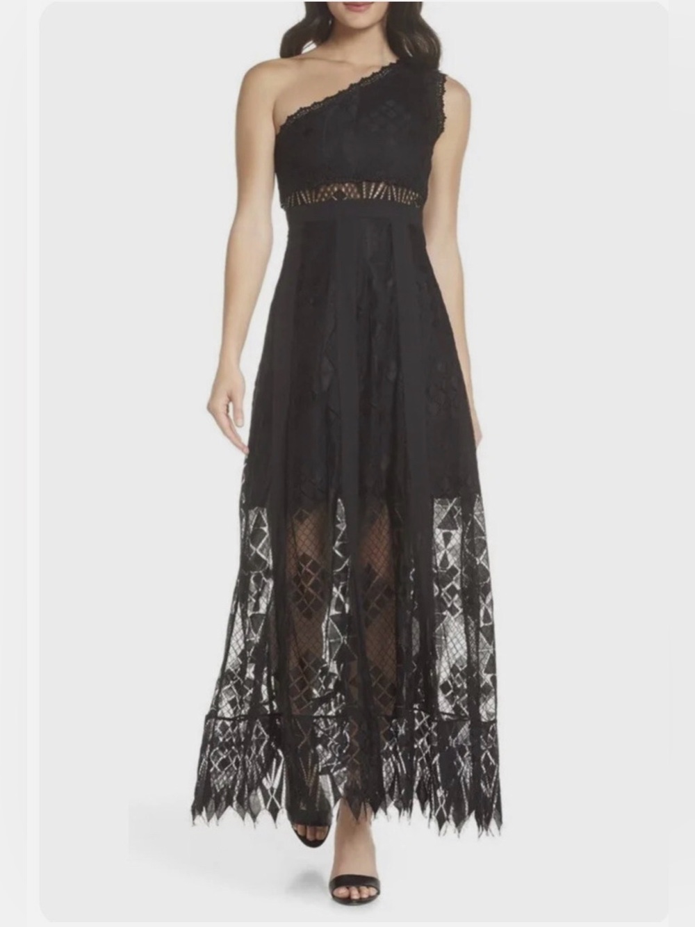 FOXIEDOX | ANTHRO Juliet One Shoulder Black Lace Occasion Maxi Dress, Medium